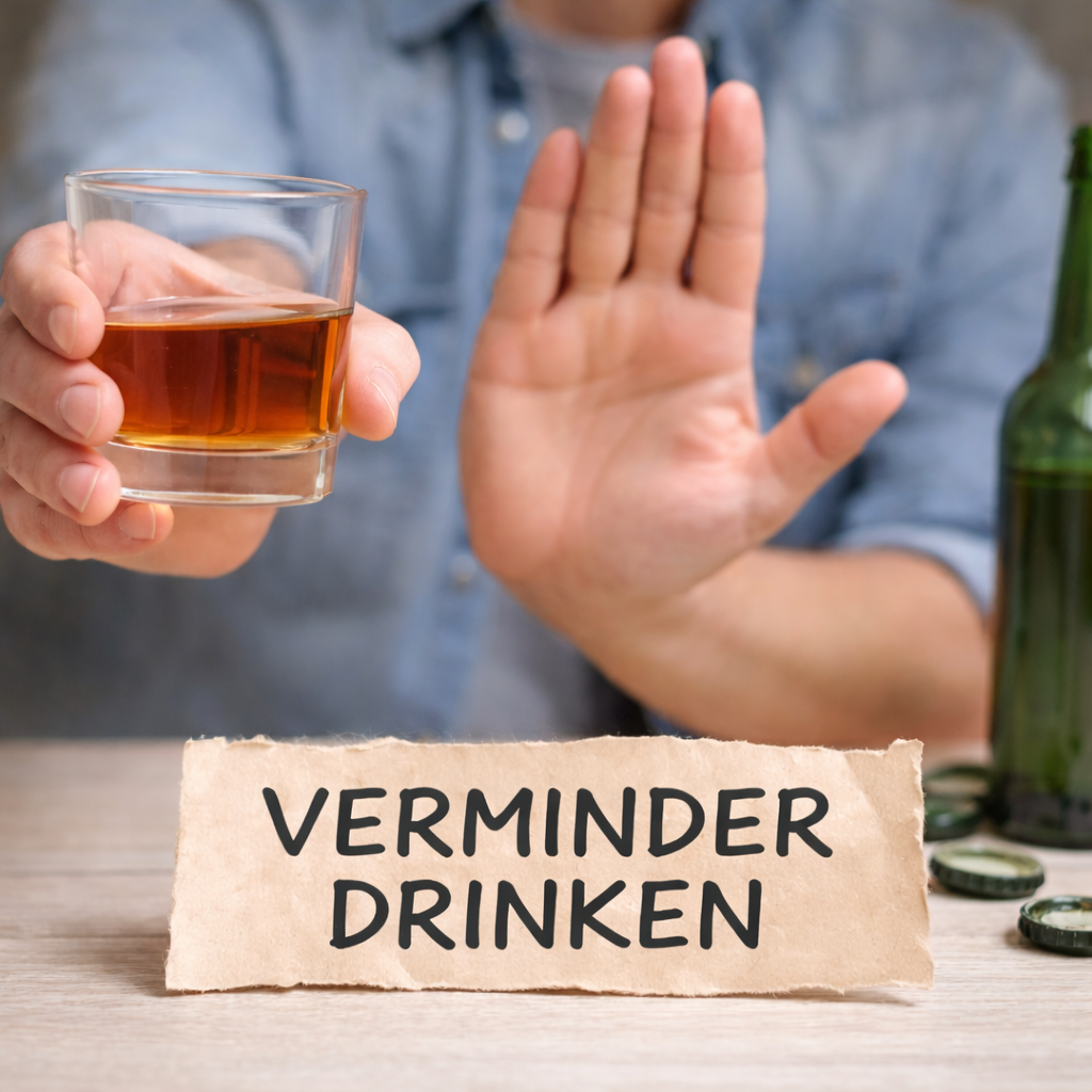 persoon die alcohol afwijst met een stopgebaar en een glas drank op tafel