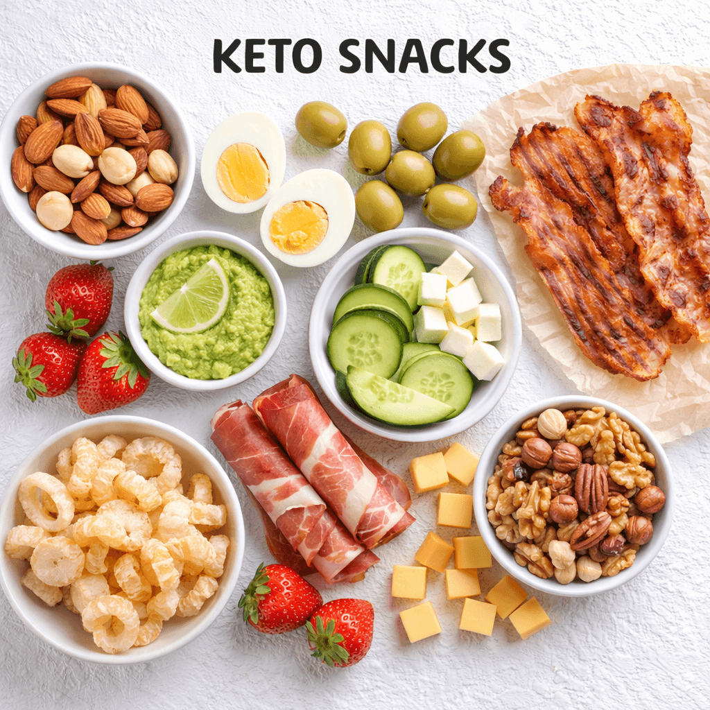 keto snacks met noten eieren kaas avocado bacon en groenten op een lichte ondergrond