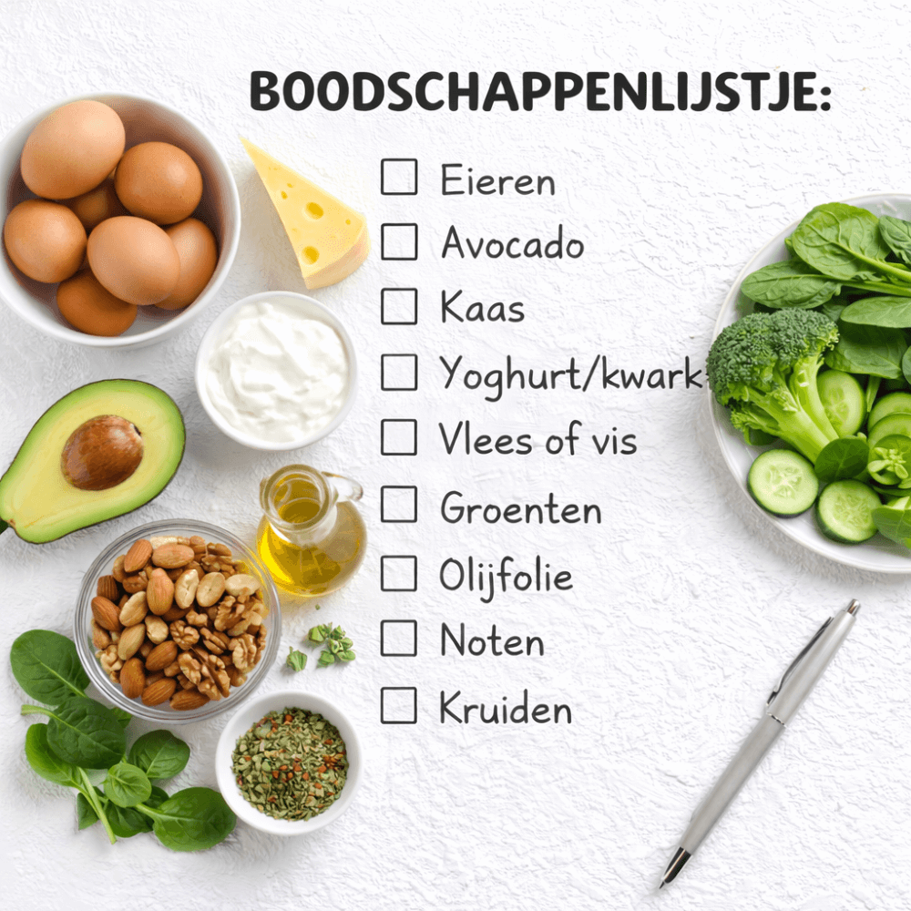 boodschappenlijstje met eieren avocado kaas yoghurt vlees of vis groenten olijfolie noten en kruiden