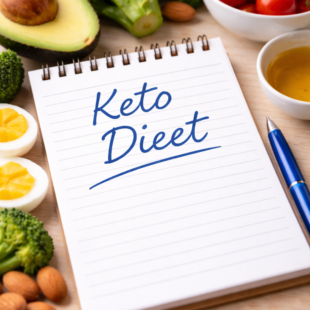 kladblok met de tekst keto dieet geschreven en omringd door keto vriendelijke producten