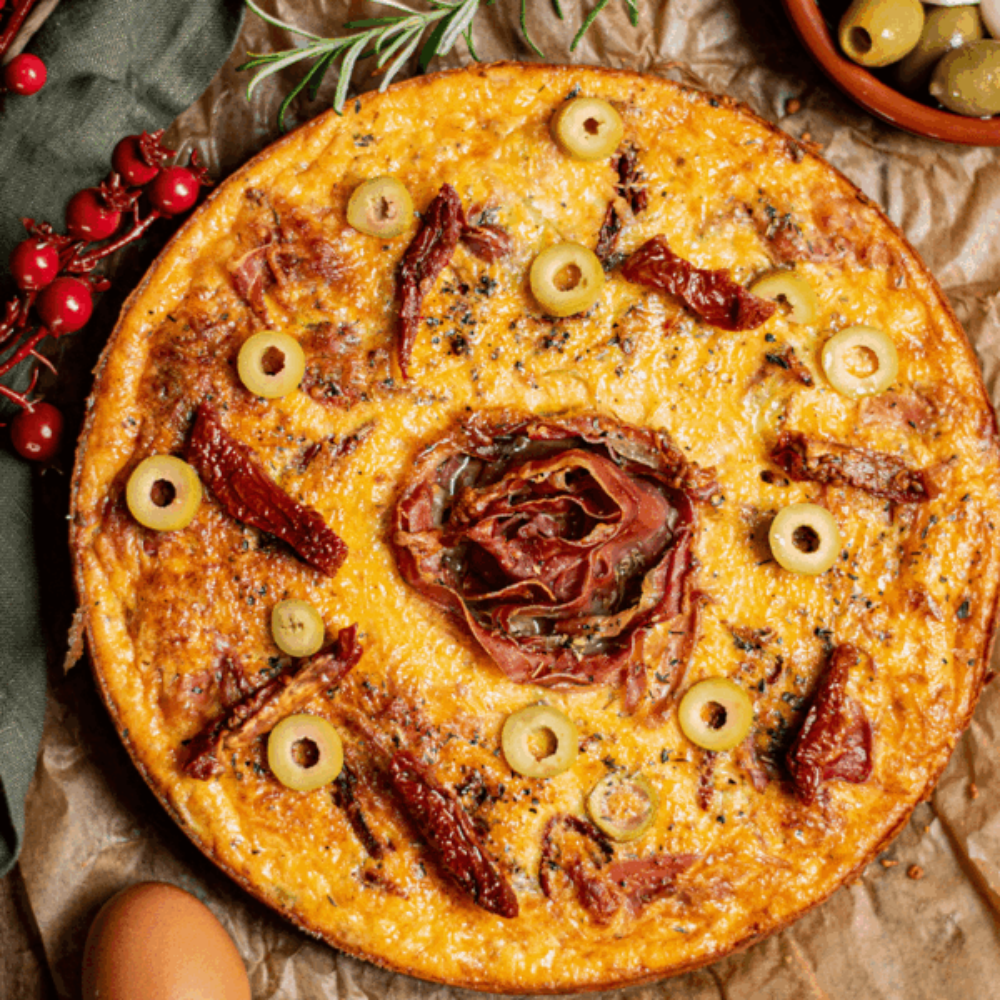 koolhydraatarme Italiaanse quiche met mozzarella en olijven