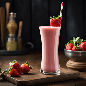 Glas met romige aardbei banaan smoothie, gegarneerd met verse aardbeien, klaar als gezond en verfrissend ontbijt of tussendoortje.