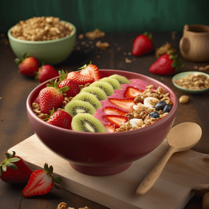 Aardbei kiwi smoothie bowl met bosbessen, granola en vers fruit in een kom, gezond en kleurrijk ontbijt.