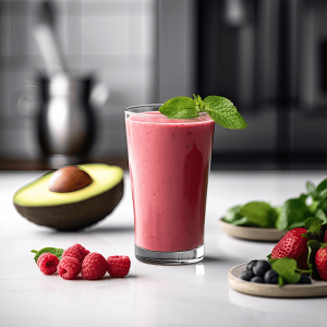 Gladde en kleurrijke smoothie van avocado, banaan en gemengde bessen in een glas, gegarneerd met verse bessen en klaar om te drinken.