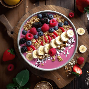 Banaan smoothie bowl met gemengde bessen, chiazaad en knapperige toppings in een kom, romig en kleurrijk geserveerd.