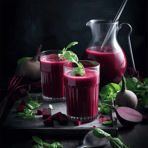 Glas met frisse bieten aardbei smoothie, gemaakt met kokoswater en honing, perfect als gezond ontbijt of tussendoortje.