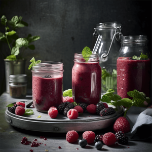 Smoothie van gemengde bessen met chiazaad, geserveerd met extra bessen en een vleugje vanille, gezond en kleurrijk ontbijt of snack.