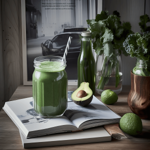 Glas met romige boerenkool banaan smoothie, vers gemaakt met avocado, banaan en frisse boerenkool, geserveerd in een helder glas.