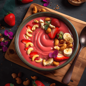 Cashew aardbei smoothie bowl in een kom, gegarneerd met vers fruit en gehakte noten, klaar om te serveren.