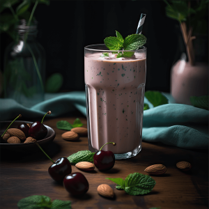Romige kersen banaan smoothie in een glas, gegarneerd met amandelen en een takje munt.