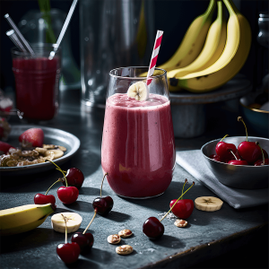 Romige kersen banaan smoothie in een glas, gemaakt met amandelmelk en een vleugje kaneel, geserveerd als gezonde ontbijt of snackoptie.