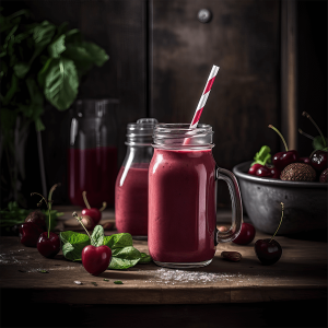 Heerlijke framboos kers smoothie met amandelmelk, rijk aan antioxidanten en vezels, ideaal als gezond ontbijt of tussendoortje.