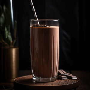 Romige chocolade banaan smoothie in een glas, gemaakt met banaan, cacao, yoghurt en melk, geserveerd als gezond ontbijt of snack.