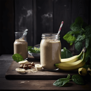 Een romige smoothie van banaan, pindakaas, dadels en amandelmelk in een glas, gegarneerd met een snufje kaneel.