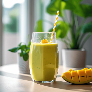 Romige kokos avocado smoothie in een glas, perfect voor ontbijt of tussendoortje.
