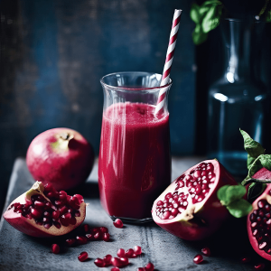 Glas met romige granaatappel smoothie gemaakt met amandelmelk, yoghurt en sinaasappel, een gezond en verfrissend ontbijt of snackmoment.