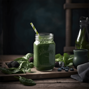 Romige spinazie proteïne smoothie met banaan, ongezoete amandelmelk en hennep proteïnepoeder, gegarneerd met chiazaad in een helder glas.