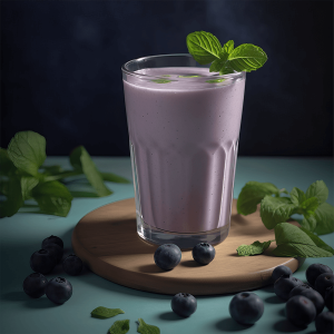 Verfrissende smoothie van blauwe bessen en groene thee, gegarneerd met verse bessen.