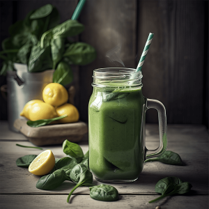 Gladde groene spinazie banaan smoothie in een glas, gegarneerd met verse spinazieblaadjes, perfect als gezond en voedzaam ontbijt of verfrissende snack.