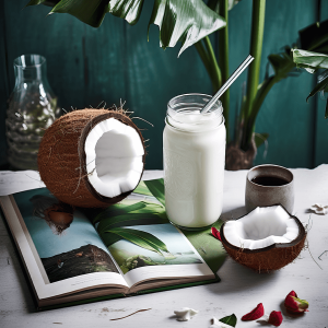 Kokos smoothie in een glas met stukjes ananas, banaan en kokos, een romig en tropisch drankje voor ontbijt of snack.