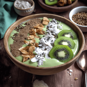 Kokos smoothie bowl met banaan, kiwi, geraspte kokos en granola in een kom, tropisch en romig geserveerd.