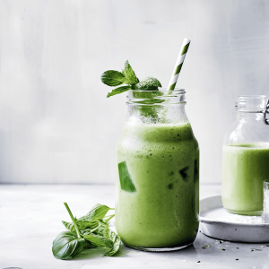 Komkommer chiazaad smoothie in een glas, romig en verfrissend met stukjes banaan en ijsblokjes, perfect als gezond ontbijt of snack.