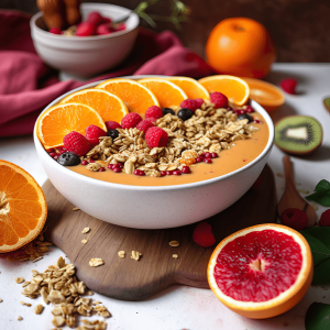 Romige mandarijn smoothie bowl, perfect als gezond ontbijt of tussendoortje.