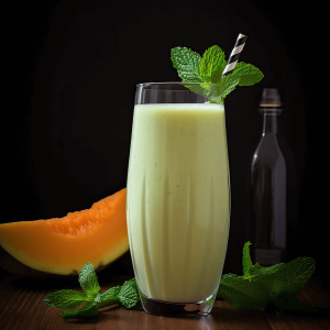 Glas met romige meloen munt smoothie, gemaakt van sappige meloen, verse muntblaadjes en ijsblokjes, geserveerd in een helder glas op een donkere ondergrond.