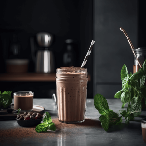 Gladde mokka chocolade proteïne smoothie in een glas, gemaakt met koffie, amandelmelk en chocolade proteïnepoeder, gegarneerd met een vleugje cacao en vanille.