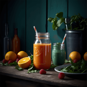Een glas romige wortel sinaasappel proteïne smoothie met kokoswater en vanille proteïnepoeder, perfect als gezond ontbijt of energieke snack.