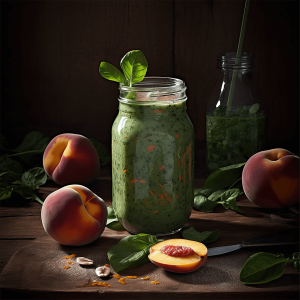 Een verfrissende perzik spinazie smoothie in een glas, romig en lichtgroen van kleur, gemaakt met bevroren perzik, verse spinazie, komkommer, augurk, ongezoete amandelmelk, honing en een vleugje kaneel.