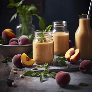 Perzik munt smoothie met romige amandelmelk, gegarneerd met verse muntblaadjes, een verfrissend en gezond drankje boordevol vitamines en proteïne.