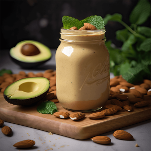 Romige pindakaas avocado smoothie in een glas, gemaakt met avocado, banaan, amandelen en amandelmelk, gegarneerd met stukjes amandel, ideaal als voedzaam ontbijt of tussendoortje.