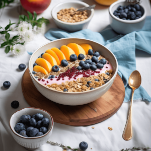 Een kleurrijke perzik bosbessen smoothie bowl in een kom, met romige smoothie, knapperige granola en verse stukjes perzik en bosbessen, klaar om van te genieten als gezond ontbijt of tussendoortje.