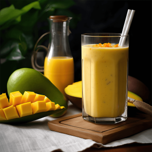 Romige ananas mango smoothie in een helder glas, tropisch en verfrissend, met een warme hint van gember en een lichte honingzoetheid, perfect voor ontbijt of tussendoor.