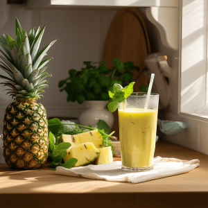 Glas met romige ananas mojito smoothie, gemaakt van bevroren ananas, verse munt, kokoswater en limoen, perfect als verfrissend en tropisch tussendoortje.