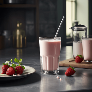 Heerlijke aardbei banaan smoothie met amandelmelk, rijk aan vitaminen en vezels, perfect als ontbijt of tussendoortje.