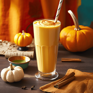 Glas met romige pompoen smoothie, gemaakt van pompoen, banaan en melk, gegarneerd met een vleugje kaneel en ijsblokjes, geserveerd op een lichte ondergrond.