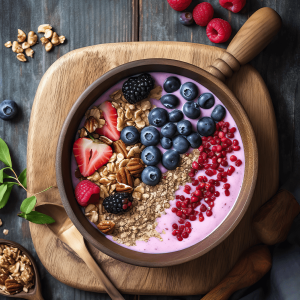 Rode bessen smoothie bowl met granola, gehakte noten en frisse bessen, geserveerd in een romige en kleurrijke kom.