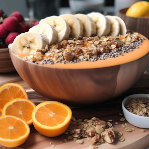 Sinaasappel smoothie bowl met plakjes sinaasappel, bevroren banaan, granola en yoghurt, kleurrijk en romig geserveerd in een kom.