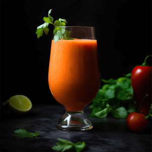 Glas met feloranje tomaten wortel smoothie, gegarneerd met verse basilicum, klaar om te drinken als gezonde, pittige en romige snack.