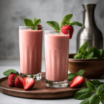Romige aardbeien smoothie met sojamelk, verse basilicum, munt en een vleugje agavesiroop, geserveerd in een glas.