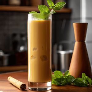 Romige zoete aardappel banaan smoothie in een glas, gegarneerd met een takje munt op een lichte achtergrond.