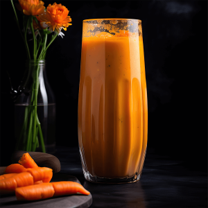 Een romige wortel gember smoothie met amandelmelk, geserveerd in een glas, met een paar stukjes wortel als garnering.