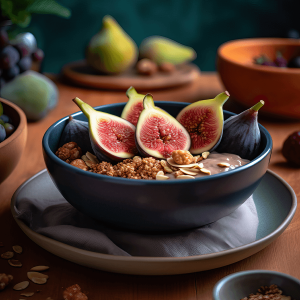 Vijgen smoothie bowl in een kom, met stukjes vijg en granola als topping, klaar om van te genieten als gezond ontbijt of snack.