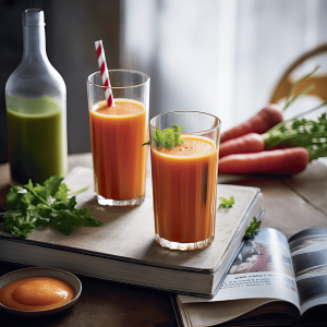 Glas met wortel appel smoothie, romig en gezond, gemaakt van verse wortel, appel en een vleugje gember, ideaal als ontbijt of verfrissend tussendoortje.