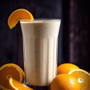 Glas met romige mango banaan smoothie gemaakt met sojamelk, kurkuma en honing, gegarneerd met een schijfje sinaasappel.
