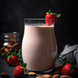 Koolhydraatarme aardbei-amandel smoothie in een glas met verse aardbeien en amandelen op een donkere achtergrond, romige en voedzame gezonde smoothie voor ontbijt of tussendoortje