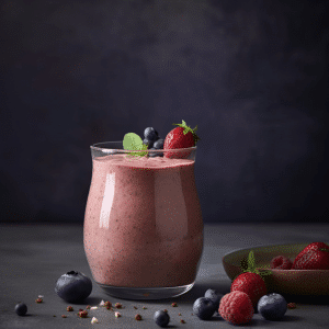 Koolhydraatarme cacao proteïne smoothie met gemengde bessen, romig en voedzaam, perfect voor een gezond ontbijt of snack.