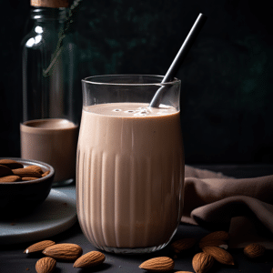 Koolhydraatarme chai smoothie met amandelmelk en kaneel in een glas met rietje omringd door amandelen en een flesje amandelmelk